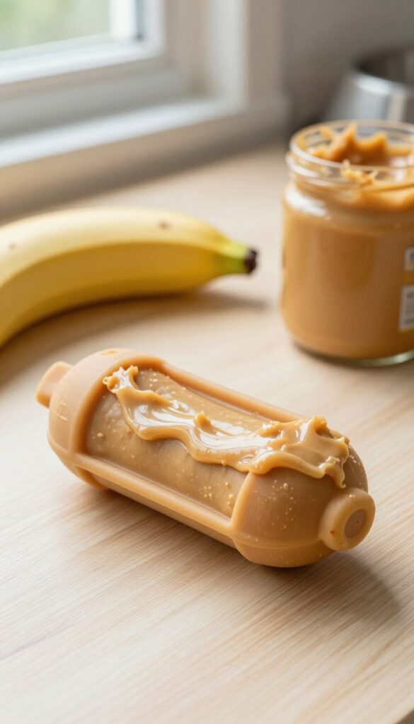 A dog's stuffable toy filled with peanut butter and banana mash on a wooden surface, with a banana and peanut butter jar nearby, in bright natural light.