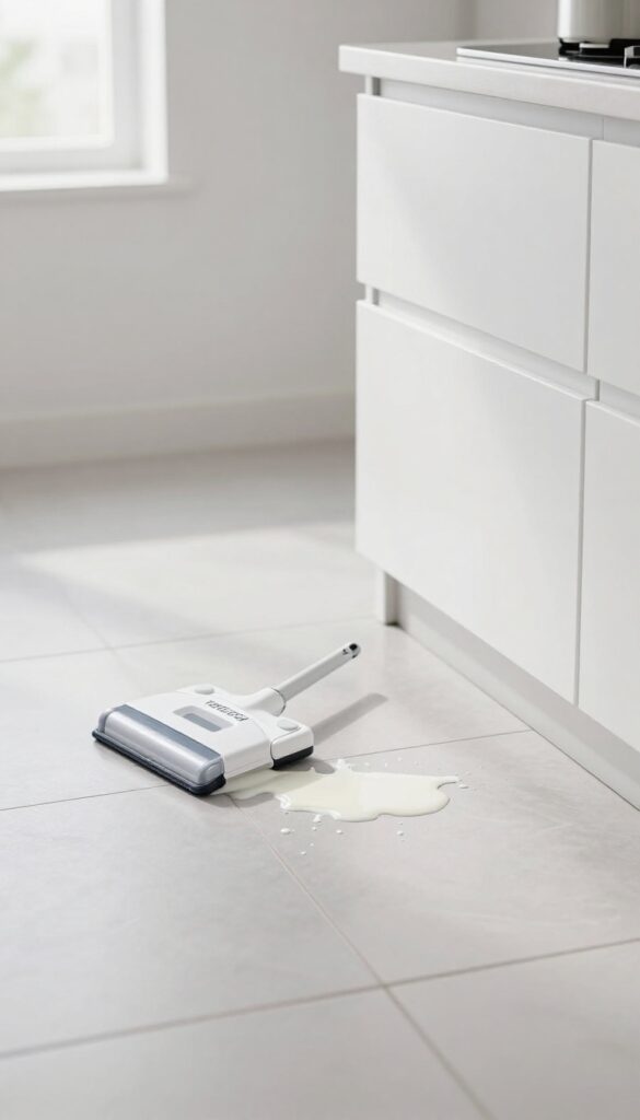 A Swiffer mop next to a small milk spill on a clean kitchen floor