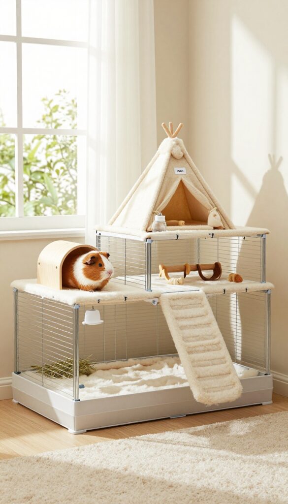 Two-level C&C guinea pig cage expansion with ramp, hideout, hay rack, and toys in a bright room
