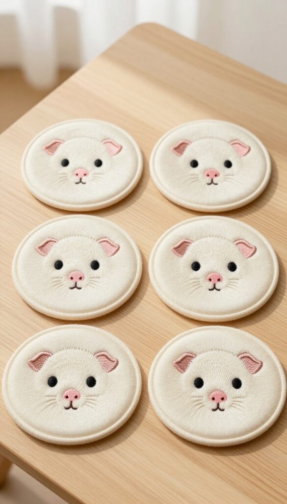 Four round crochet coasters with embroidered guinea pig faces on a wooden table