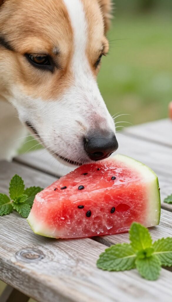 Dog sniffing a frozen watermelon and mint treat cube on a picnic table