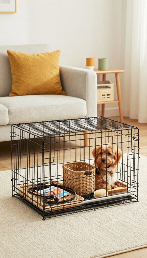 Under-crate storage bins with dog accessories neatly organized in woven baskets beneath a raised dog crate.