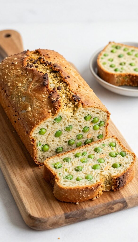 Slice of homemade lamb and pea dog food loaf on a wooden board with dog bowl