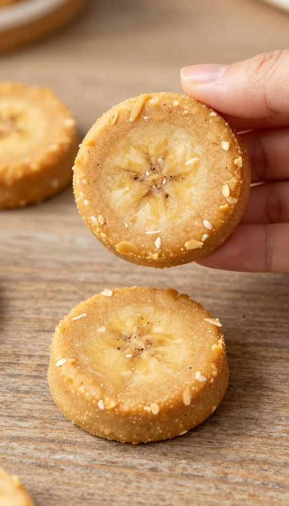 Homemade peanut butter banana oat dog treats on a wooden surface, soft and chewy, perfect for hiking snacks.