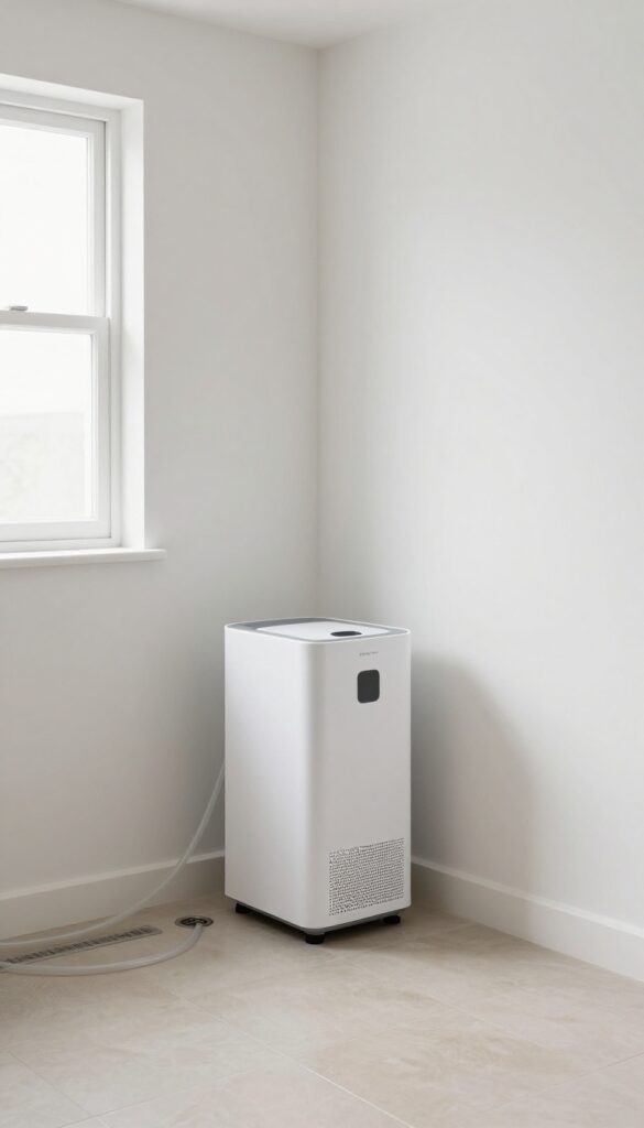 A dehumidifier in a bright, dry basement room preventing mold growth