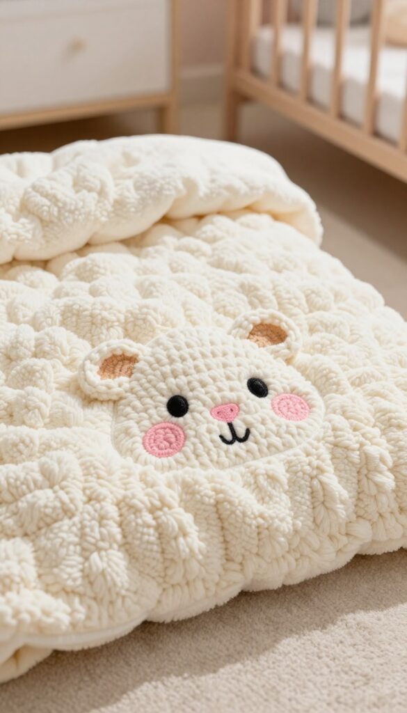 Crochet guinea pig lovey blanket with embroidered face on soft nursery rug