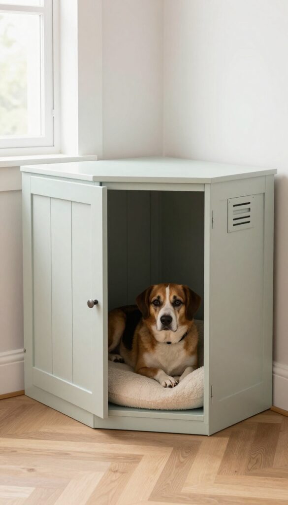 Under-stair dog crate made from IKEA STUVA cabinet, hidden den with soft bed and vent