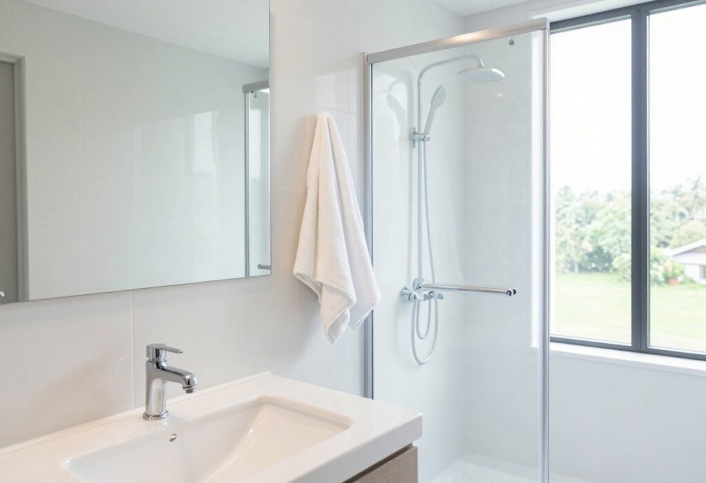 A sparkling clean bathroom with shiny fixtures, a clear mirror, and neatly folded towels.