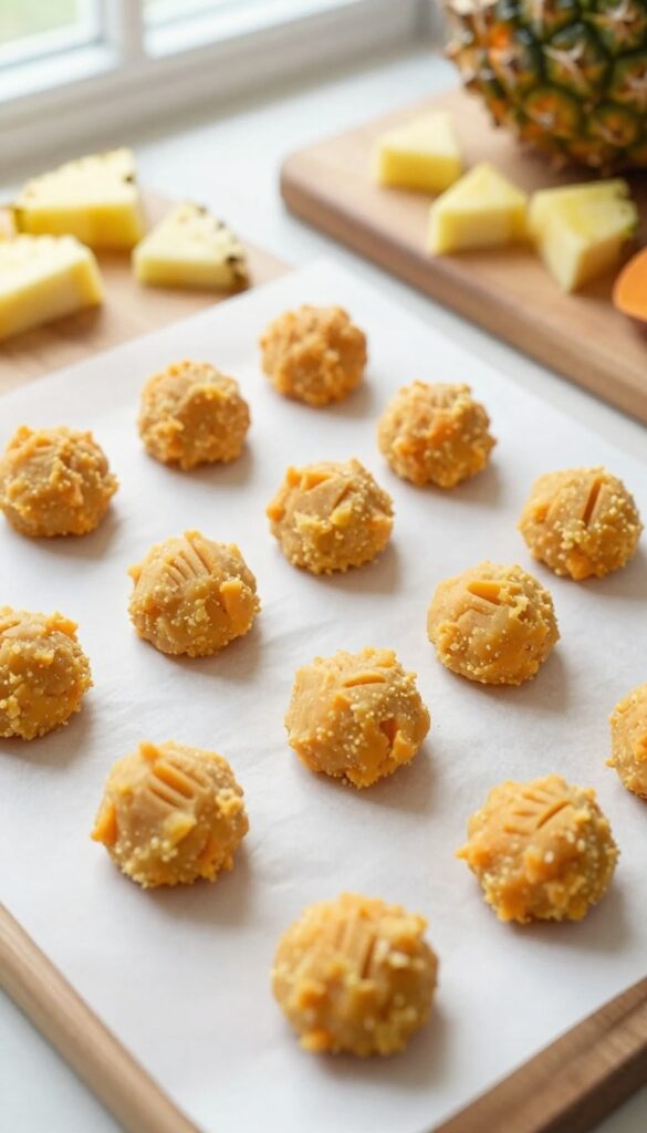 Homemade pineapple sweet potato dog training treats on a baking sheet, photorealistic dog treat blog photography.