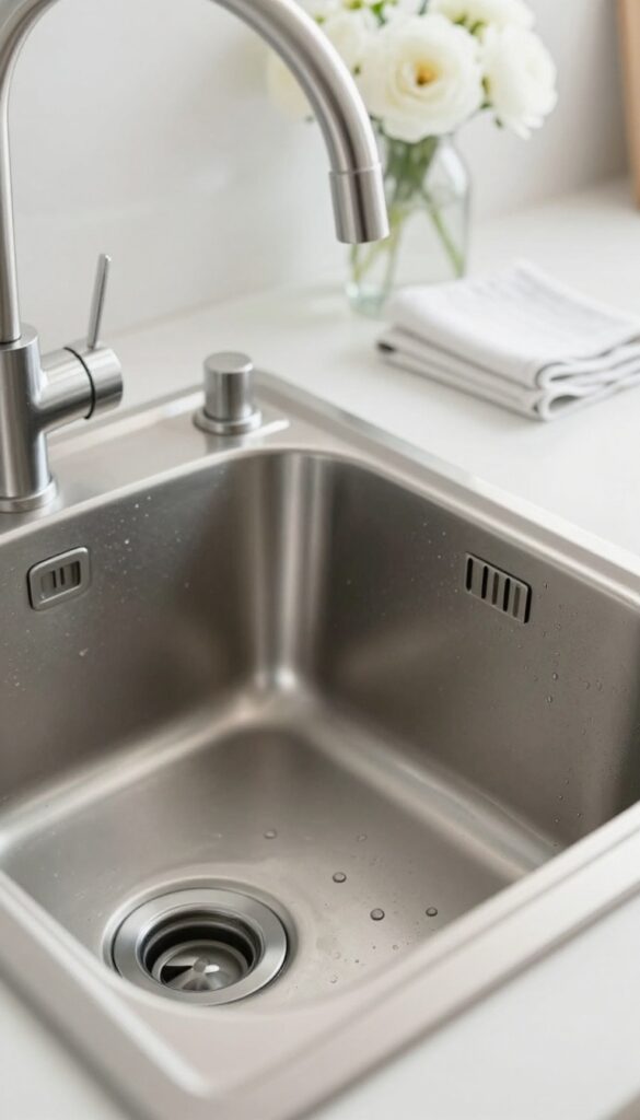 Clean shiny kitchen sink with natural light, empty and spotless, reflecting sunlight, blurred tidy kitchen background with flowers and towel.