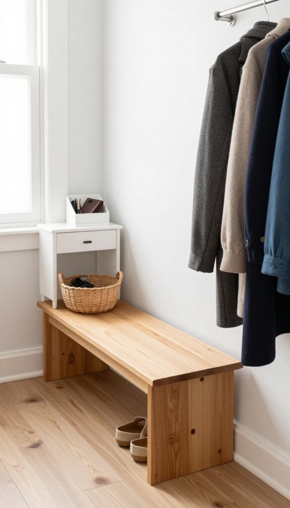 Decluttered entryway with organized shoes, coats, and a drop zone tray for keys and mail.