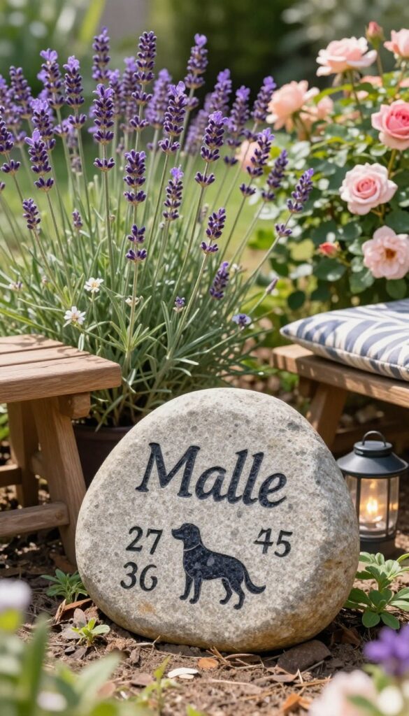 A peaceful backyard memory garden with lavender, roses, ornamental grasses, a personalized stone at the base of a plant, a wooden bench, and a solar lantern in soft morning light.