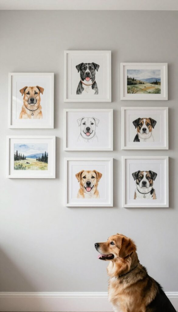 A gallery wall of custom pet portraits and art in matching white frames, styled elegantly in a bright living room.