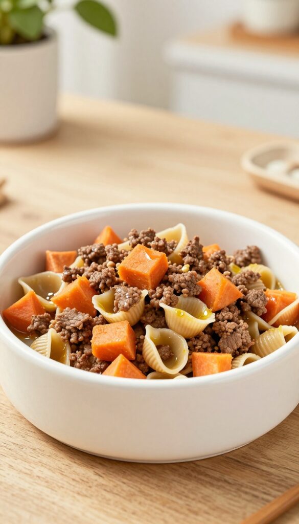 Homemade dog meal with pasta, ground beef, and sweet potato in a white bowl on a wooden table.