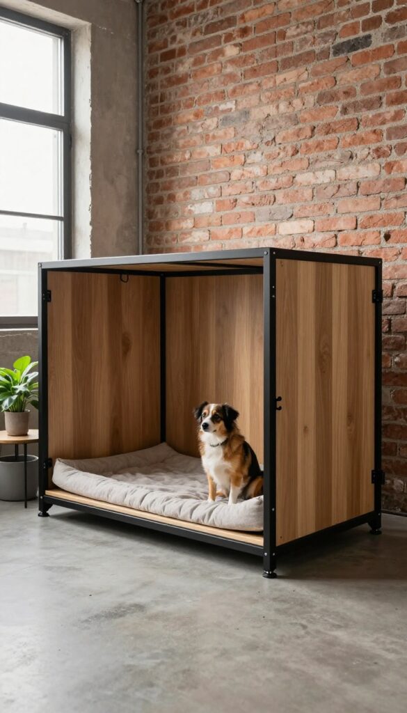 Industrial metal and wood dog crate in a bright loft with exposed brick, plant, and plush bed