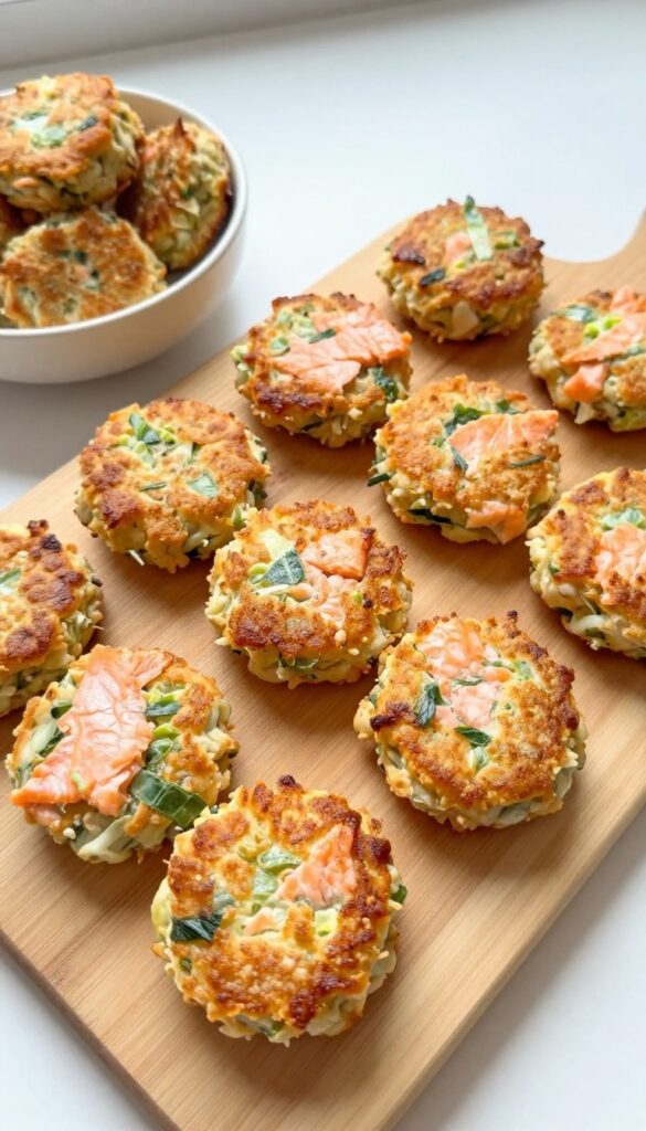 Homemade dog food patties made with canned salmon, cabbage, and oats, pan-fried golden brown, arranged on a wooden board with a treat jar nearby.