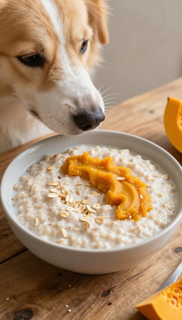 A bowl of rabbit and oatmeal porridge for dogs, topped with pumpkin puree, with a dog sniffing nearby.