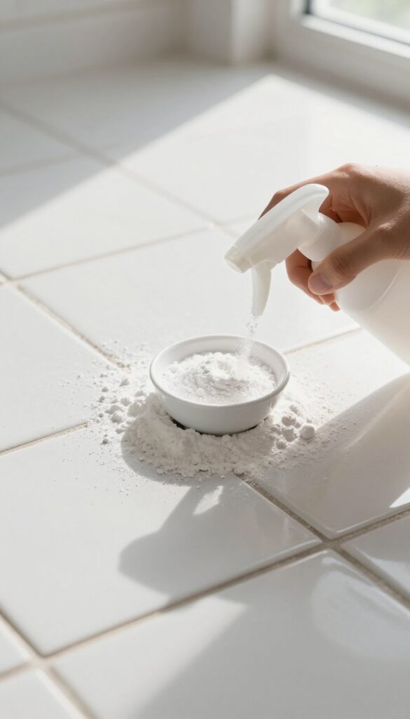 A hand sprinkling baking soda on dirty grout lines with a vinegar spray bottle nearby, bright natural light.