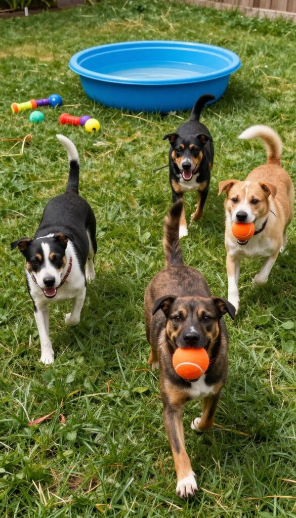 Three dogs playing in a sunny backyard with a kiddie pool and toys, perfect for a doggy playdate party.