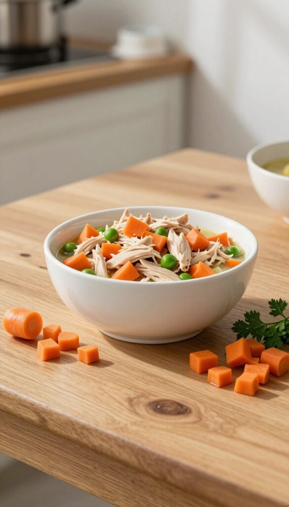 Homemade dog food bowl with chicken, carrots, and peas on a wooden table, natural lighting, pet food photography.