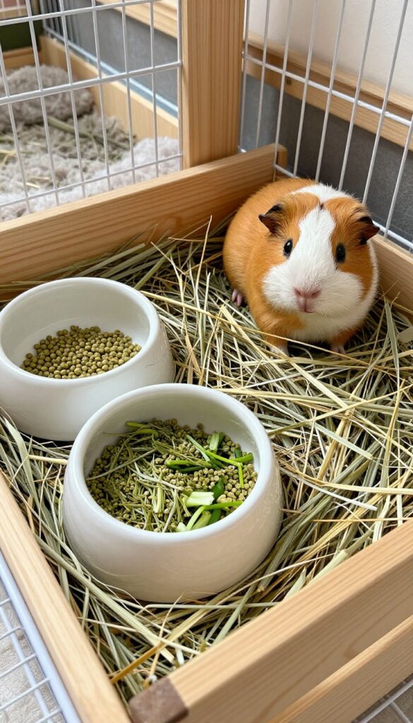 Guinea pig habitat with hay rack and ceramic food bowls on fleece bedding
