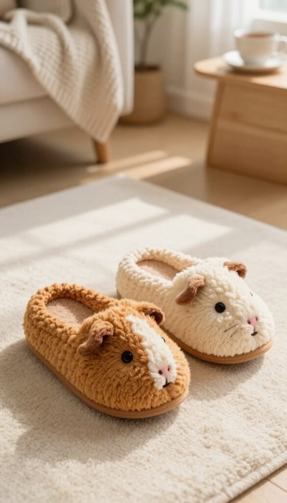 Cozy handmade guinea pig slippers on a rug, with embroidered faces and non-slip soles, in natural light.