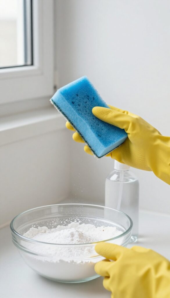 Borax powder and sponge cleaning mold on a wall corner