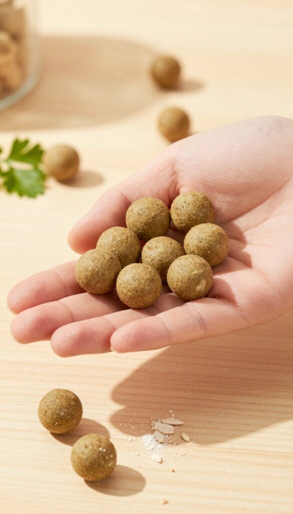 Homemade liver and parsley training balls for dogs, soft bite-sized treats on a wooden surface with parsley and oat flour.