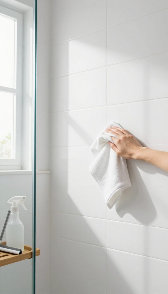 Weekly quick clean routine for shower tiles with spray bottle and microfiber cloth