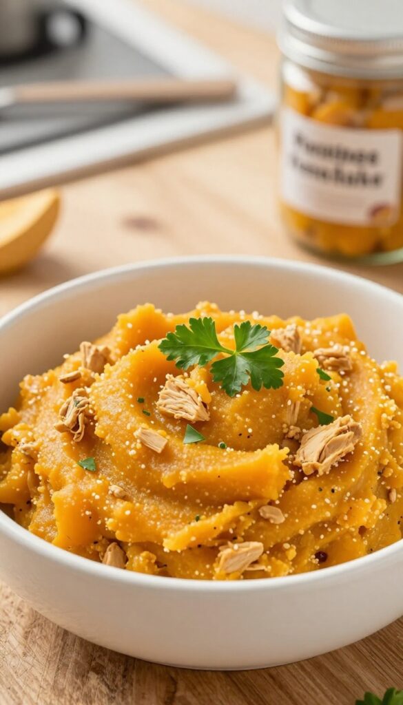 Homemade pumpkin and turkey dog food mash in a bowl, soft feeding recipe for dogs.
