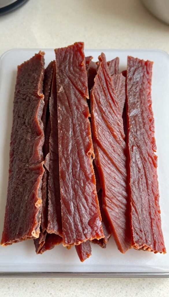 Homemade beef liver jerky bites for dogs, thinly sliced and dehydrated on a tray, high-value training treat.