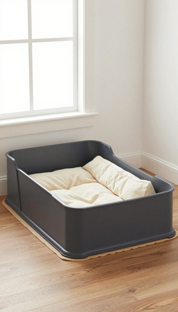Large plastic kennel bottom with removable top used as a cozy den-like bed for big dogs