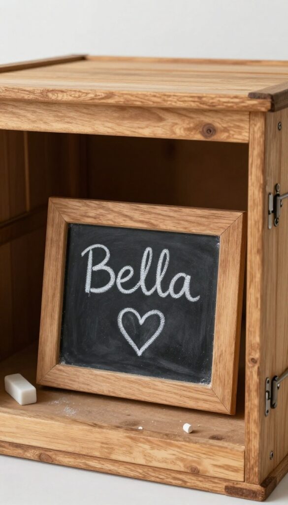 Dog crate with chalkboard label panel attached, showing handwritten name and heart, rustic decor, bright natural light