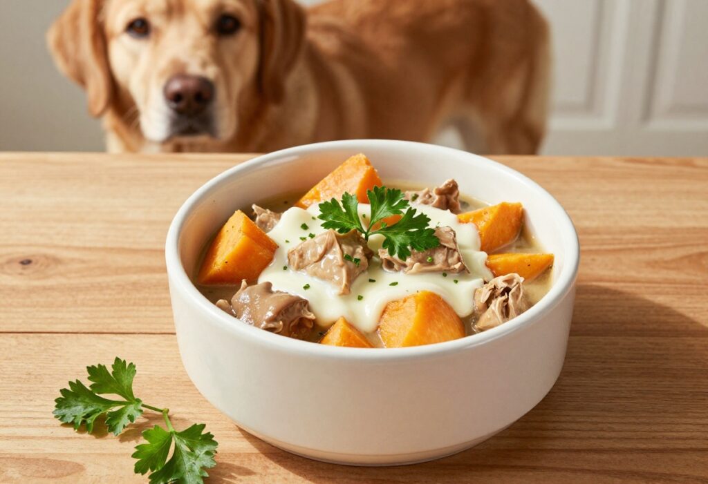 Homemade turkey gizzard dog food in a bowl with sweet potato chunks, ready for meal prep.