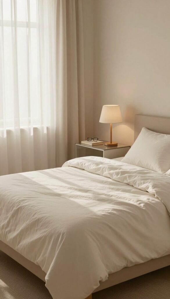 A calm bedroom with a tidy bed and clear surfaces, embodying a nightly 5-minute reset for a softer space.