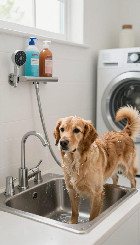 Dog standing in laundry room sink being rinsed with a handheld sprayer with temperature control