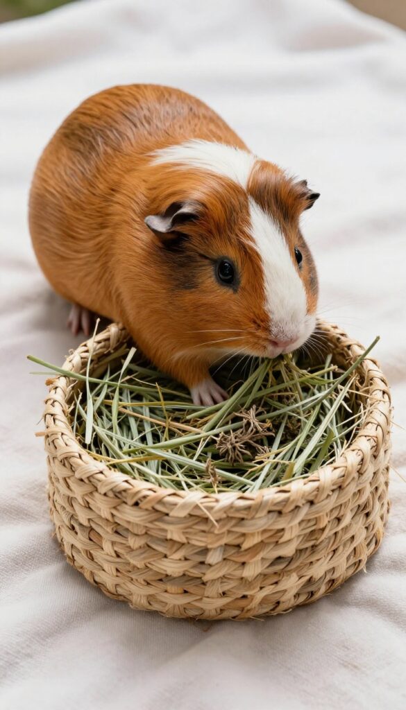 A guinea pig foraging for treats in a woven hay pocket filled with hay and herbs.