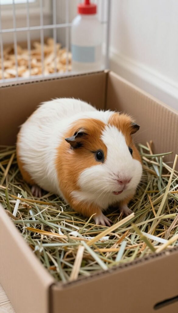 Guinea pig digging in a cardboard box filled with shredded paper and hay, natural cage habitat