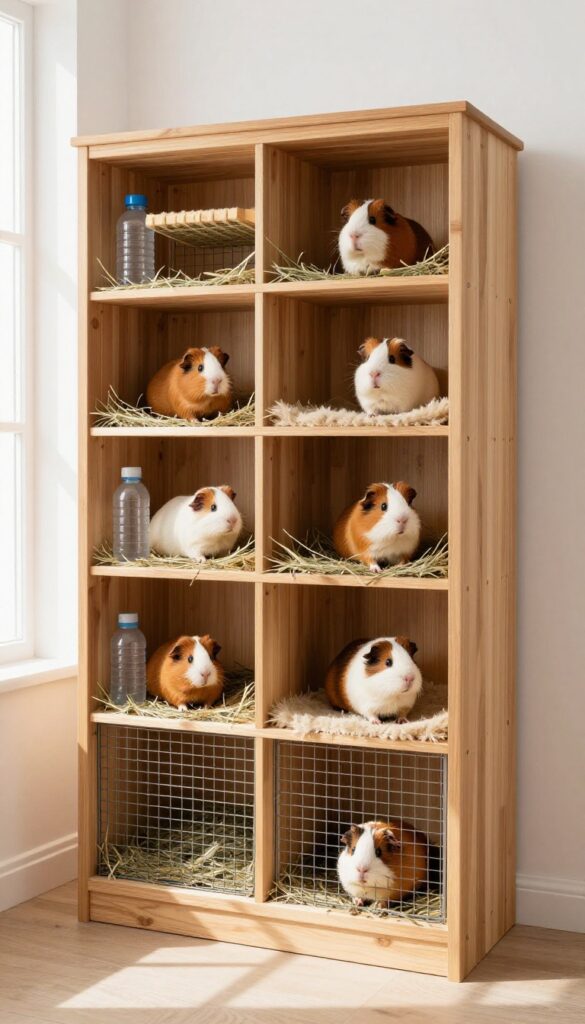 Converted bookshelf guinea pig habitat with mesh front, fleece bedding, ramps, and hideouts in a bright room