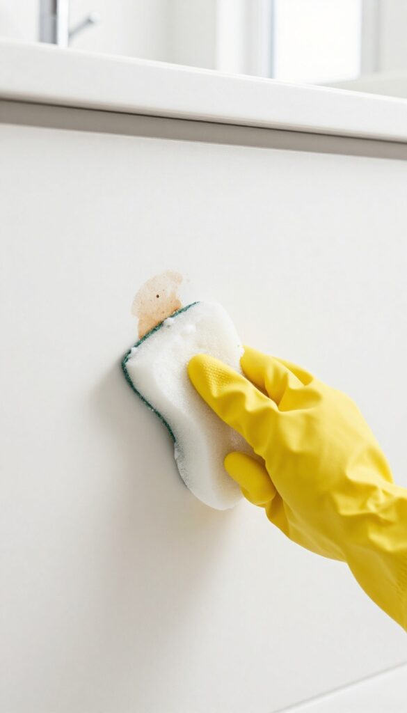 Hand in yellow glove dabbing water stain on white wall with bleach solution