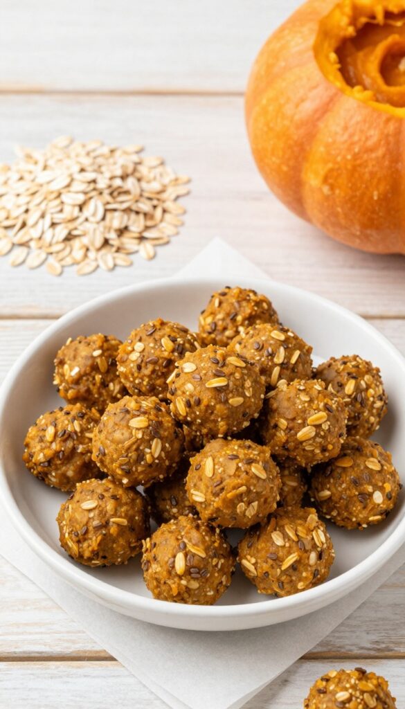 Homemade pumpkin oatmeal dog meatballs in a white bowl on a wooden table, with oats and pumpkin puree nearby.