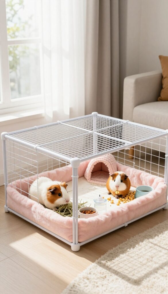A modular storage cube guinea pig enclosure with fleece lining, hay rack, and guinea pigs exploring in a sunlit room.