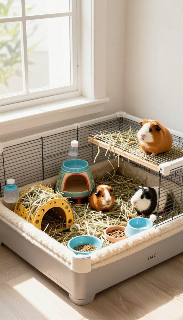 Spacious guinea pig cage with solid floor, fleece liners, hideouts, and accessories in a bright room