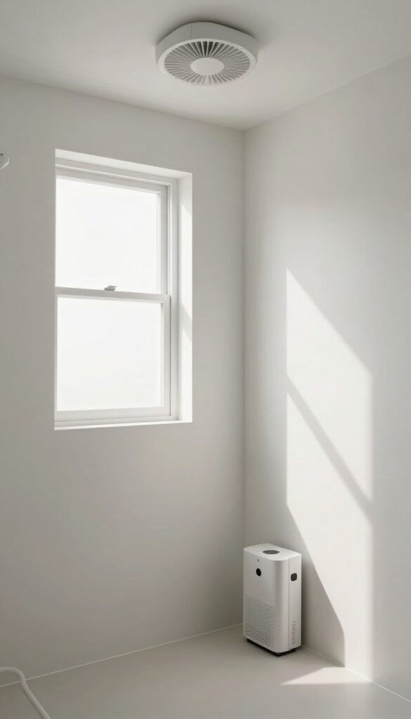Bright bathroom with open window, exhaust fan, and dehumidifier to improve ventilation and prevent mold