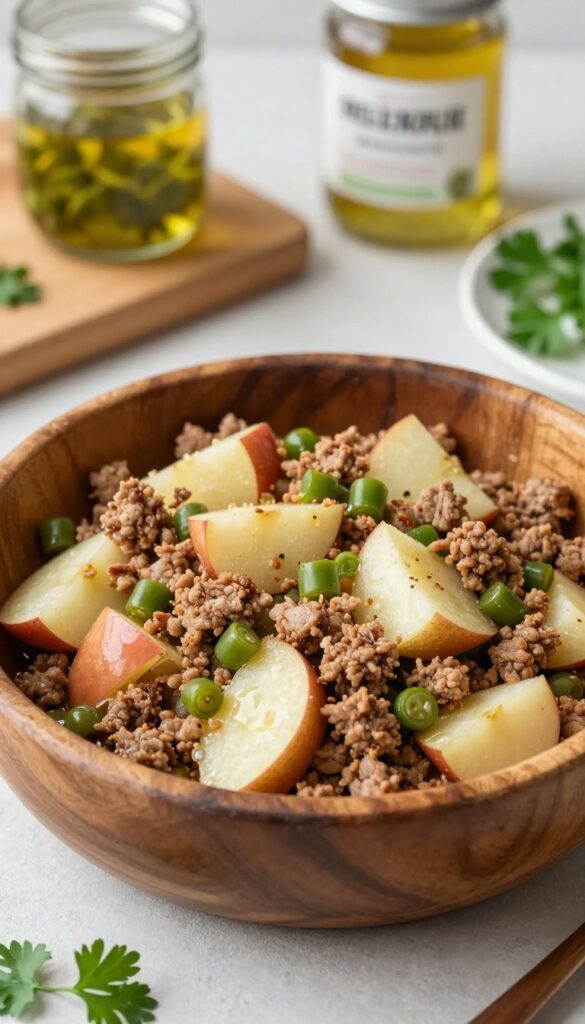 Homemade dog food pork and apple hash in a bowl with green beans, natural lighting on kitchen counter.