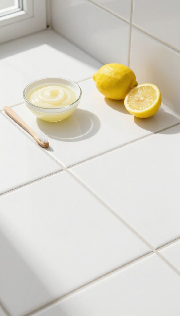 Bathroom tiles with bright grout, a bowl of lemon juice and cream of tartar paste, and a toothbrush, in natural light.