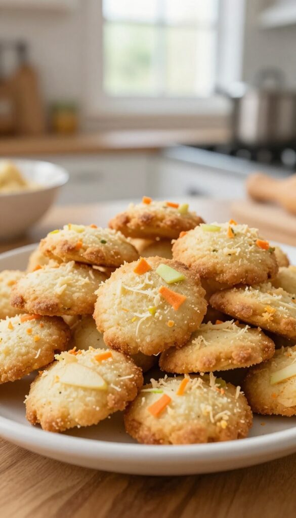 Homemade apple and carrot crunchy dog treats on a wooden plate, golden brown with visible carrot and apple pieces.