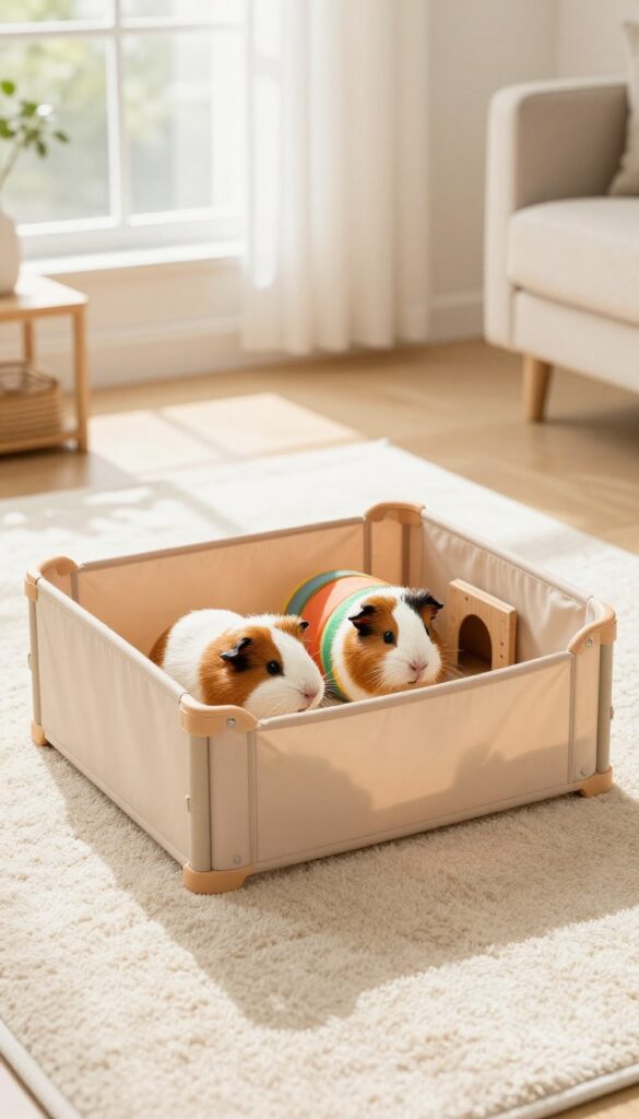 Guinea pigs playing in a portable playpen with tunnel and hidey on a rug in a sunlit room