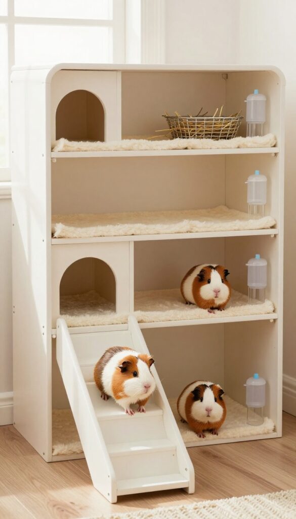Multi-level guinea pig cage with ramps, hideouts, and accessories in bright natural light.