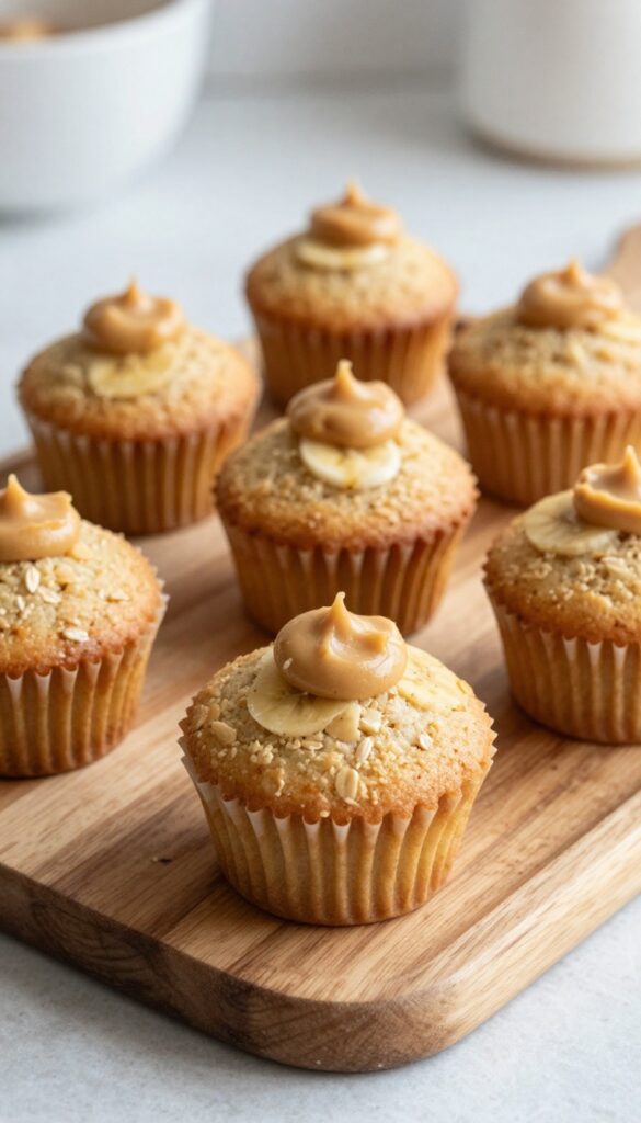 Mini peanut butter banana pupcakes arranged on a wooden platter, each topped with a peanut butter dollop, natural lighting, dog treat photography.